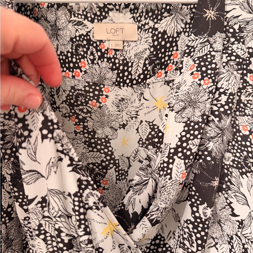 LOFT Monochrome Floral Blouse with Orange Highlights